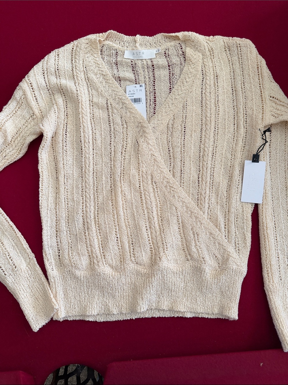 ASTR Cream Openwork V-Neck Wrap Sweater